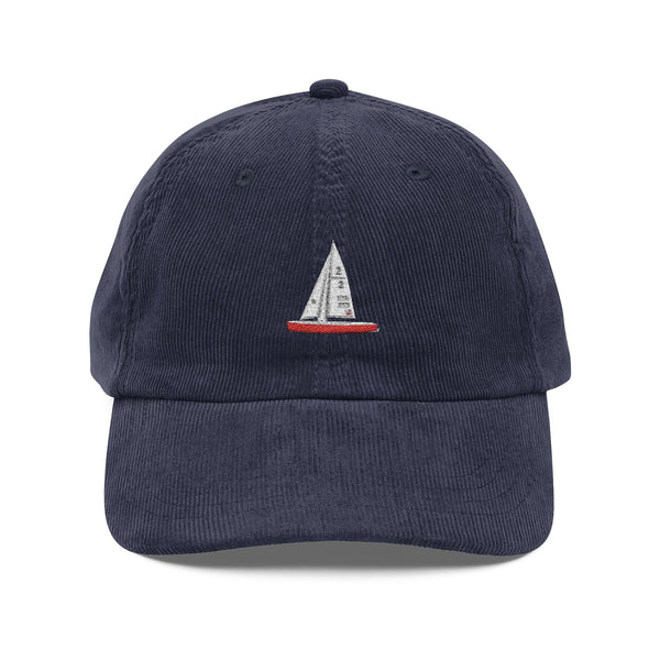 Central Park Model Sailboat Embroidered Corduroy Cap — Navy Trucker Hat