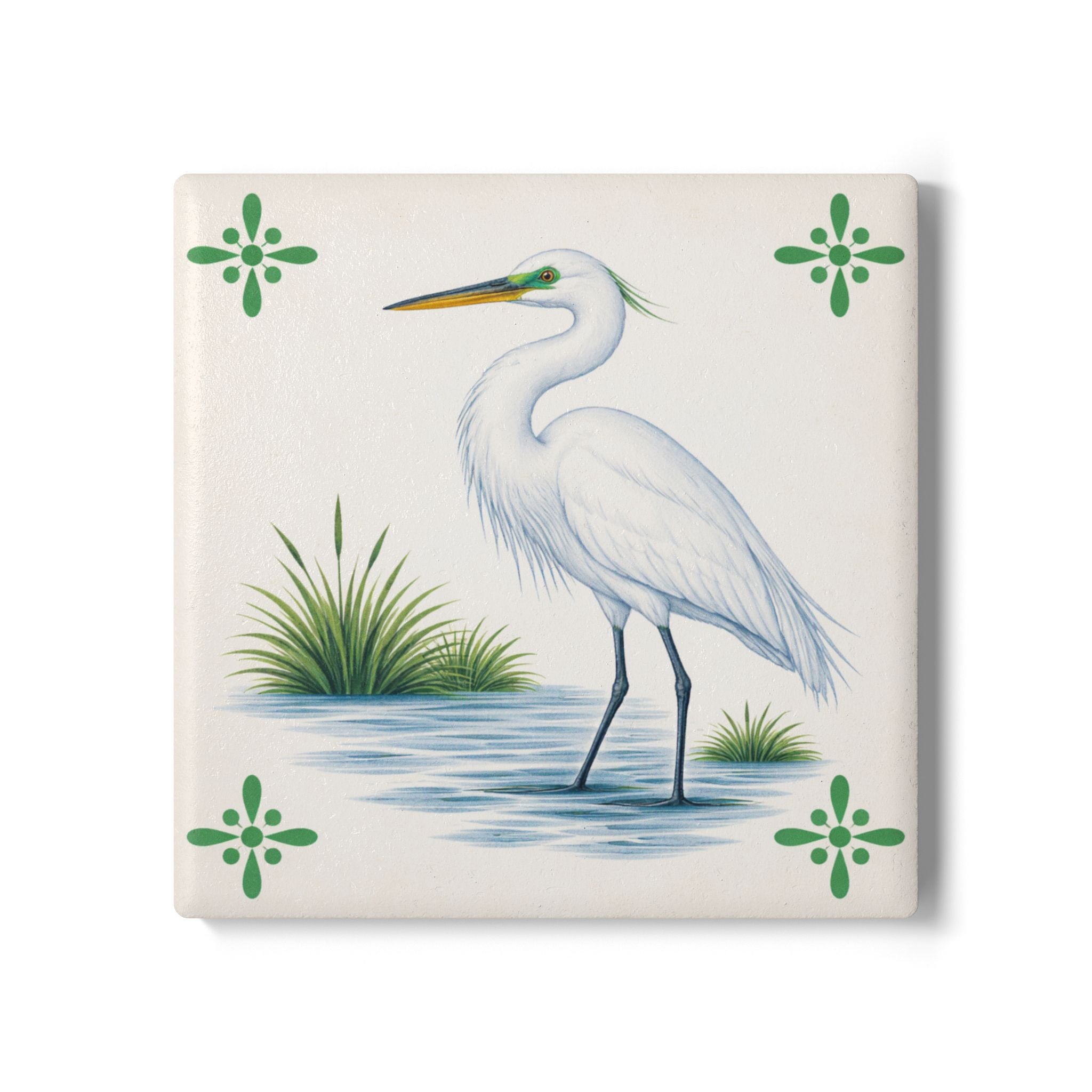 Jamaica Bay Great Egret Ceramic Coaster – Azulejos-style Tile Drink Coaster