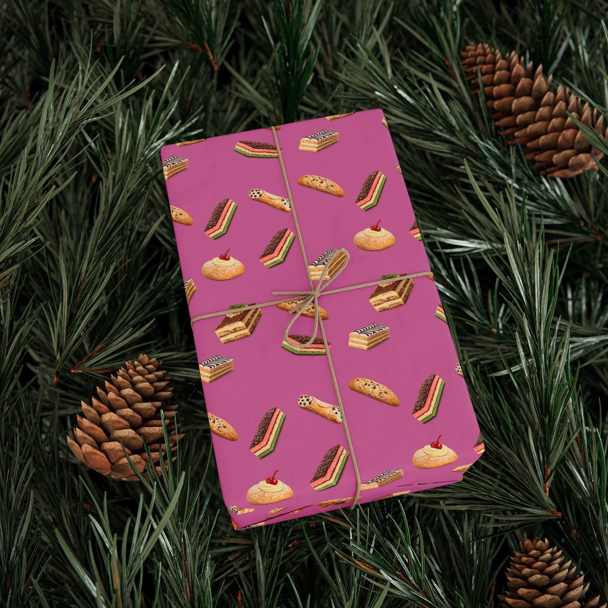 Italian Bakery Pastry Pattern Gift Wrap Paper | Pink Bakery Pastries Wrapping Paper Roll