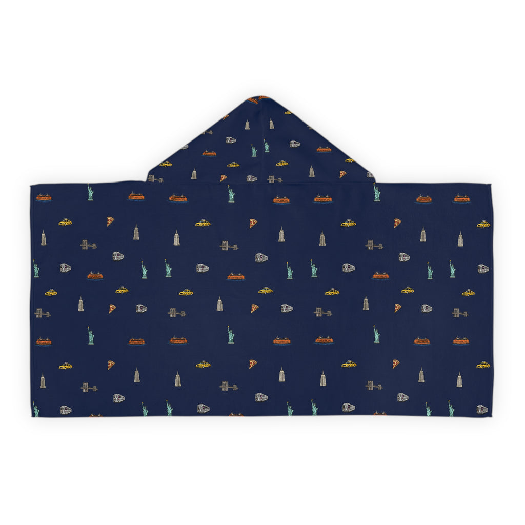Icons of New York City Navy Blue Hooded Kids Towel — Statue of Liberty, Pizza & Skyline Childrens Towel