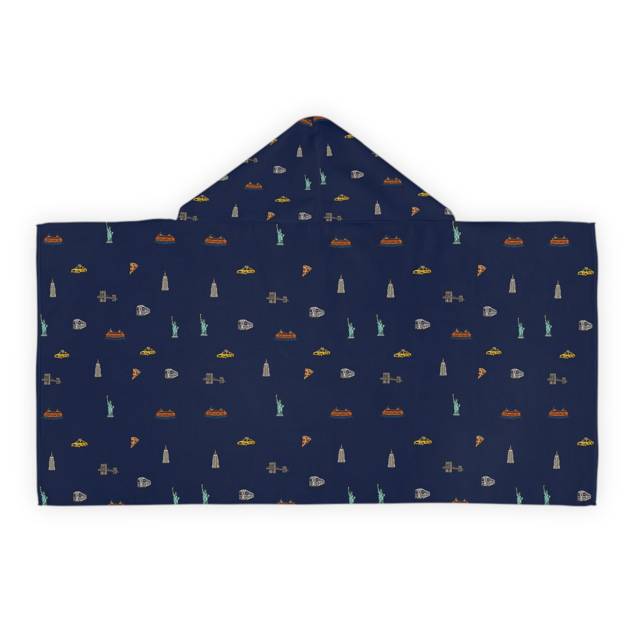 Icons of New York City Navy Blue Hooded Kids Towel — Statue of Liberty, Pizza & Skyline Childrens Towel