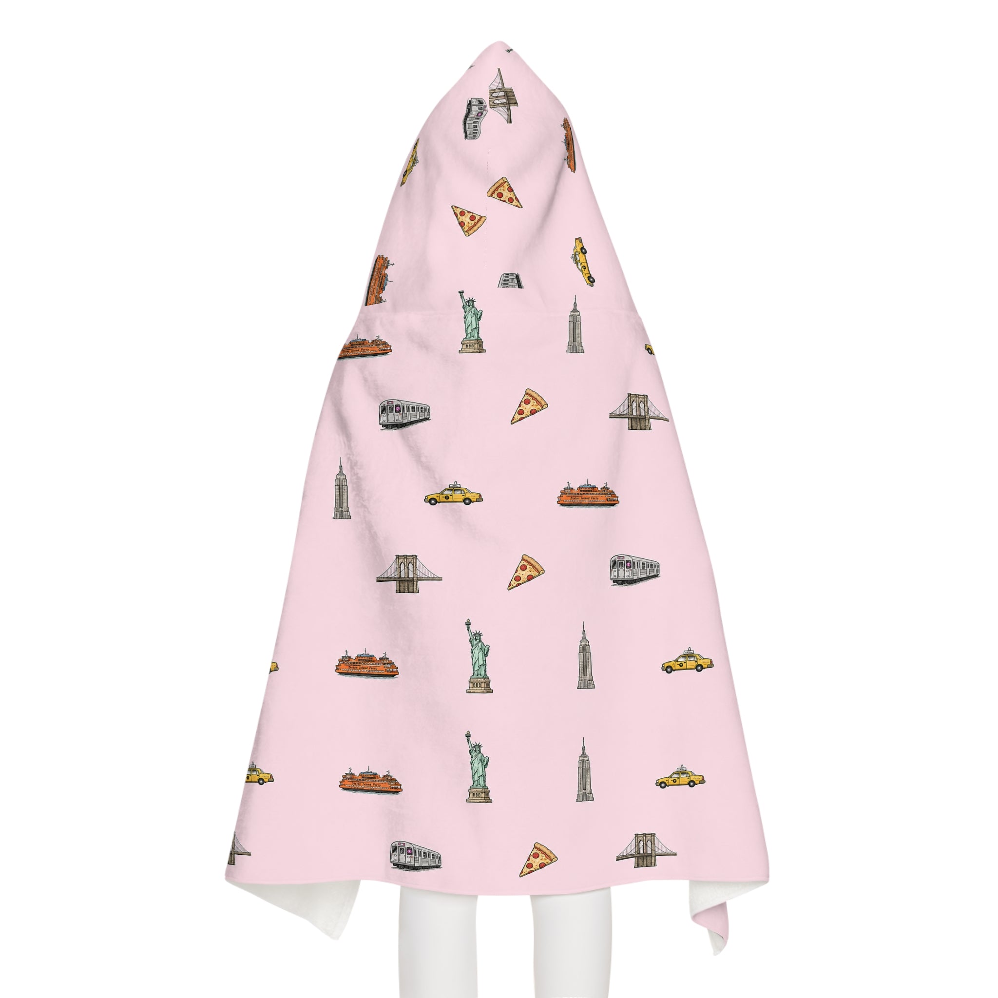 Icons of New York City Pink Hooded Kids Towel — Statue of Liberty, Pizza & Skyline Childrens Towel