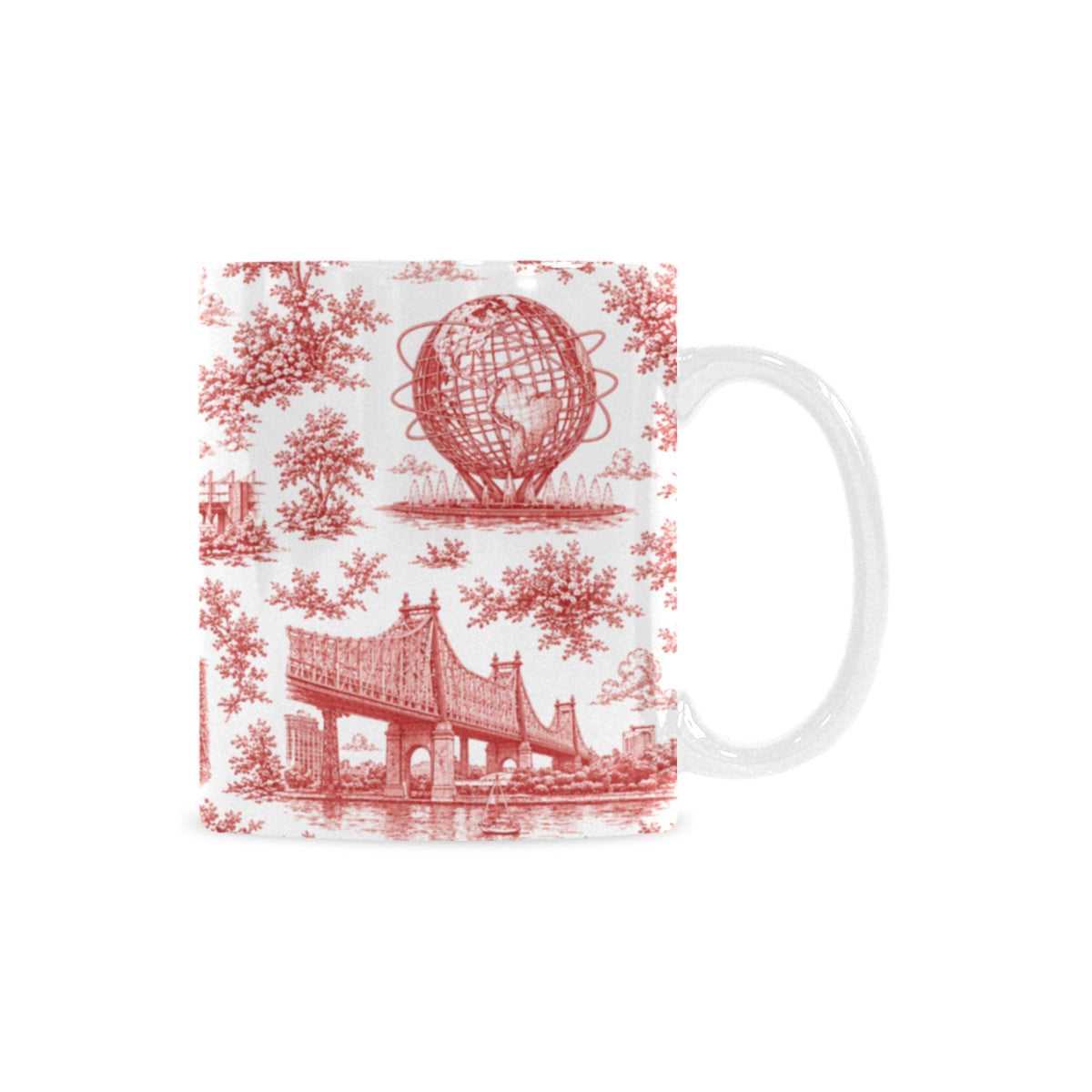 Queens Red Toile de Jouy Mug | New York City Chinoiserie Ceramic Coffee Cup Custom White Mug (11oz)