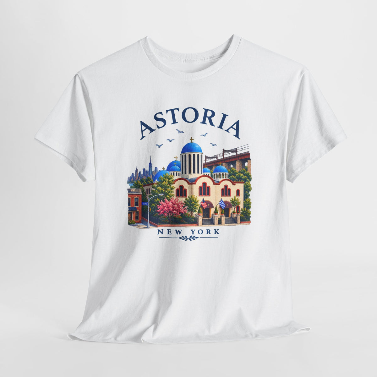 Astoria New York Travel T-Shirt   Santorini-inspired Queens Tee