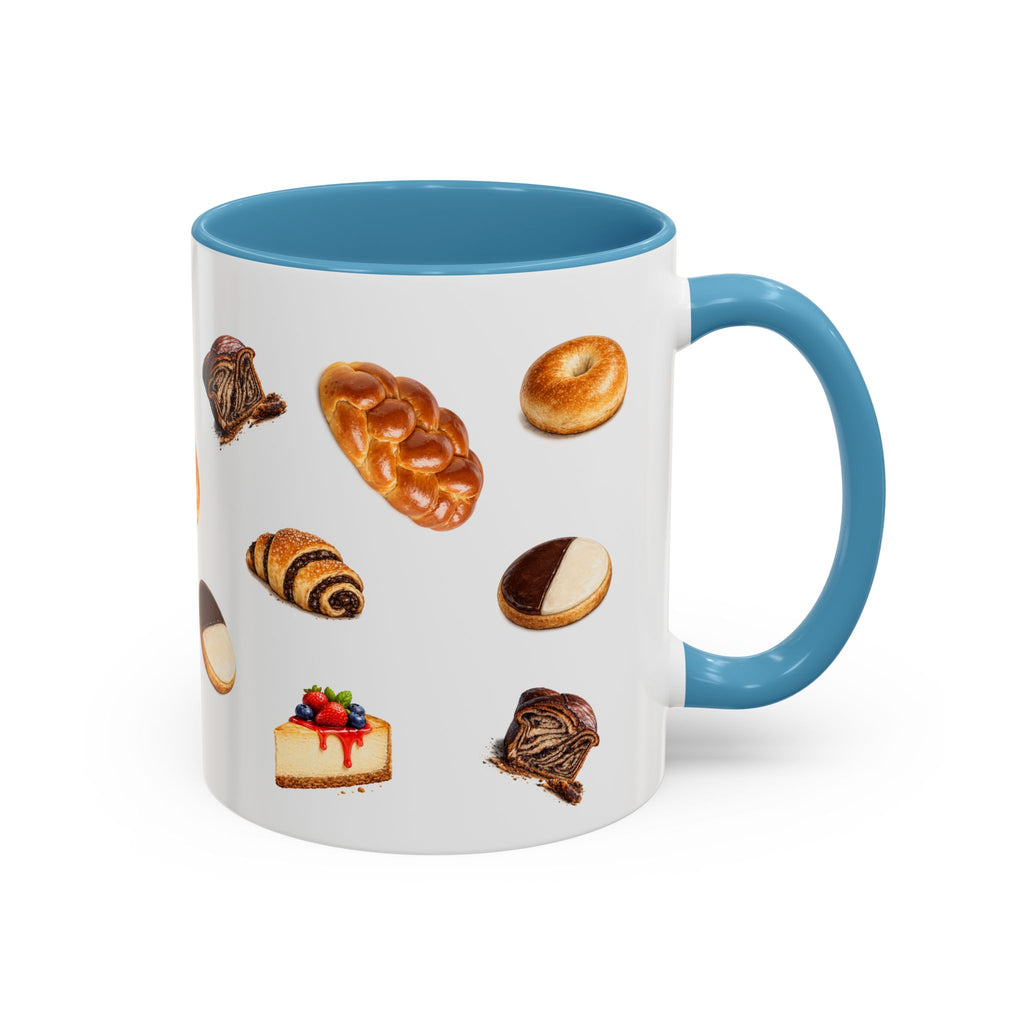 NYC Kosher Bakery Pattern Mug | Babka Cheesecake Rugelach Black + White Cookie Challah Bagel 11oz Ceramic Coffee Cup