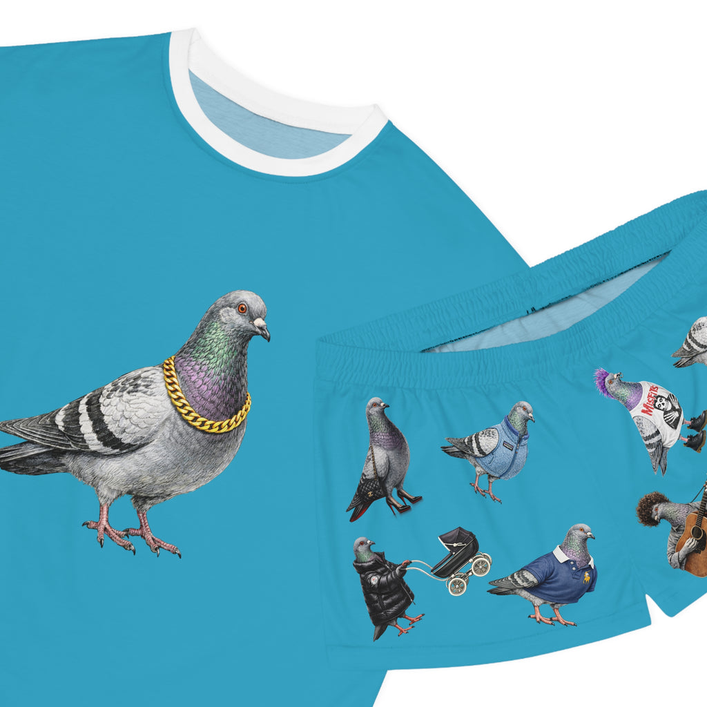 Blue NYC Pigeon Pattern Short Pajama Set | New York City Bird Lovers PJs Cozy Sleepwear
