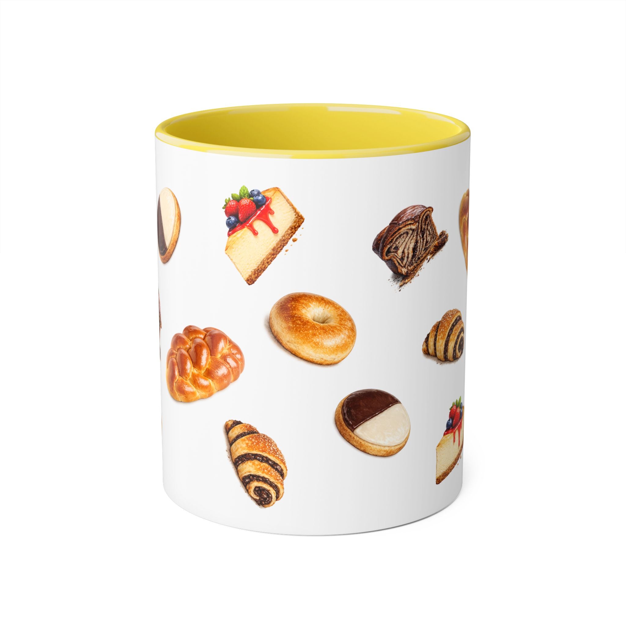 NYC Kosher Bakery Pattern Mug | Babka Cheesecake Rugelach Black + White Cookie Challah Bagel 11oz Ceramic Coffee Cup