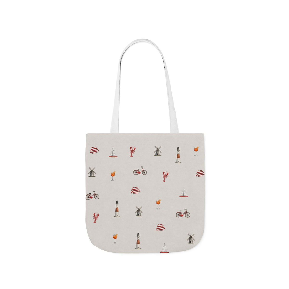 Icons of the Hamptons Heather Gray Canvas Tote — Lighthouse, Windmill, Lobster, Sailboat Icons