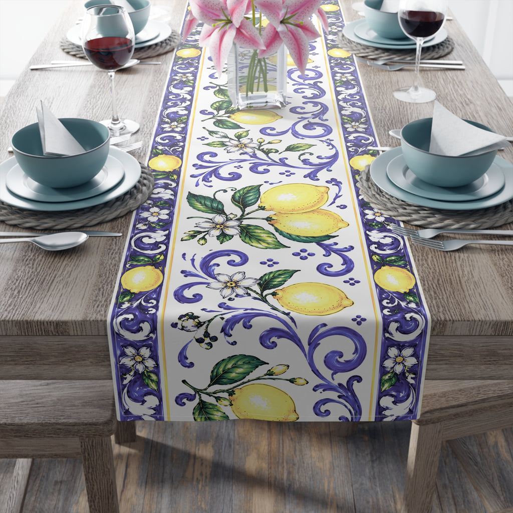 Chemin de table Little Italy Amalfi bleu et blanc avec citrons – Décor de table méditerranéen bleu et jaune