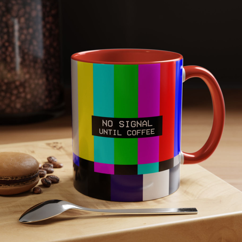 "No Signal Until Coffee" Accent Mug —  TV Rainbow Test Pattern Coffee Mug