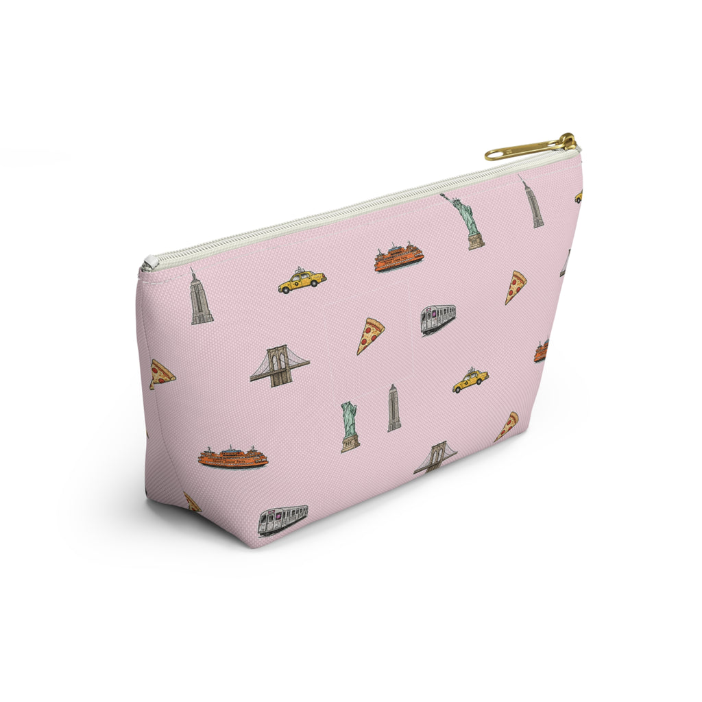 Icons of New York City Pink  Accessory Pouch — T-Bottom Makeup Bag with Statue of Liberty, Taxi & Pizza Pattern