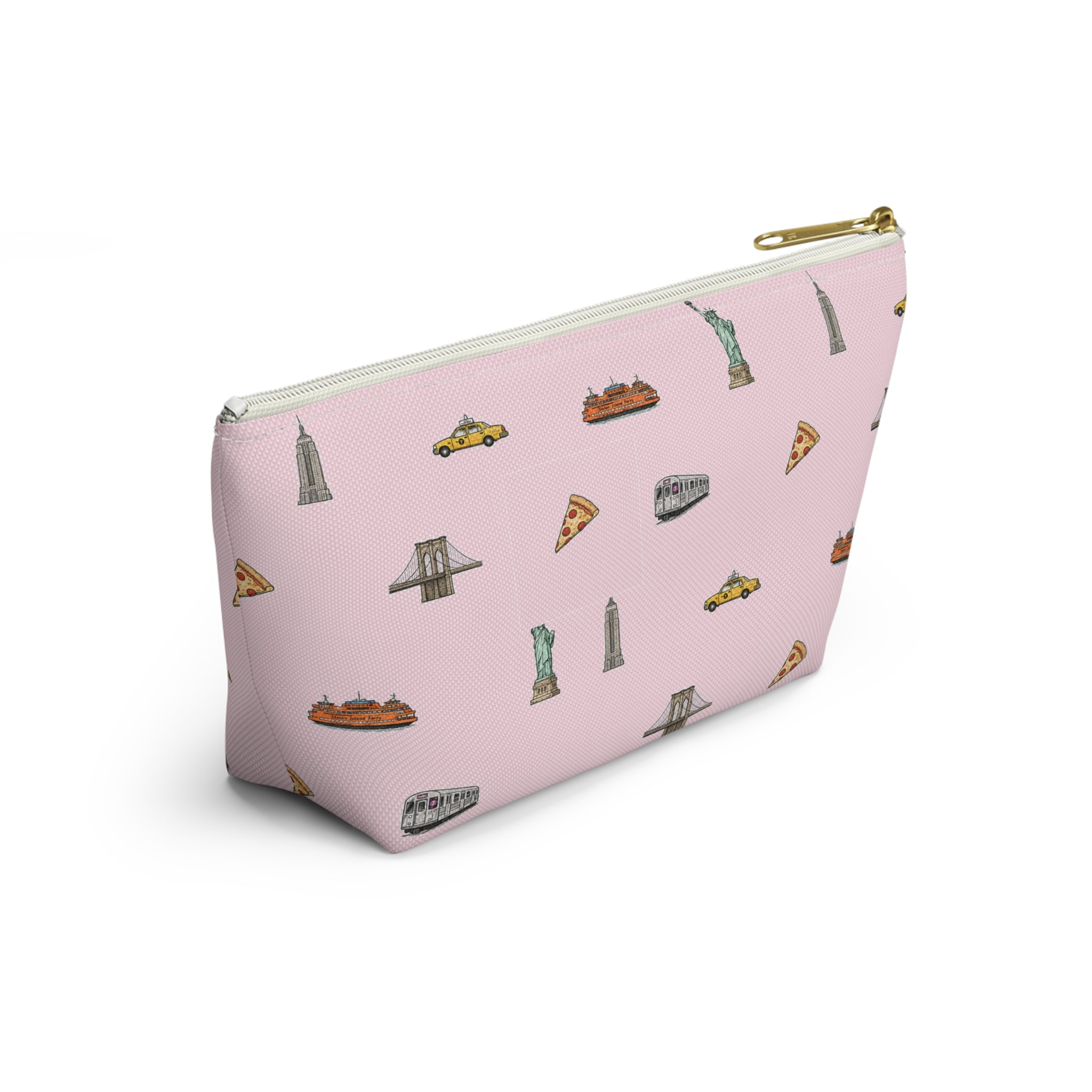 Icons of New York City Pink  Accessory Pouch — T-Bottom Makeup Bag with Statue of Liberty, Taxi & Pizza Pattern