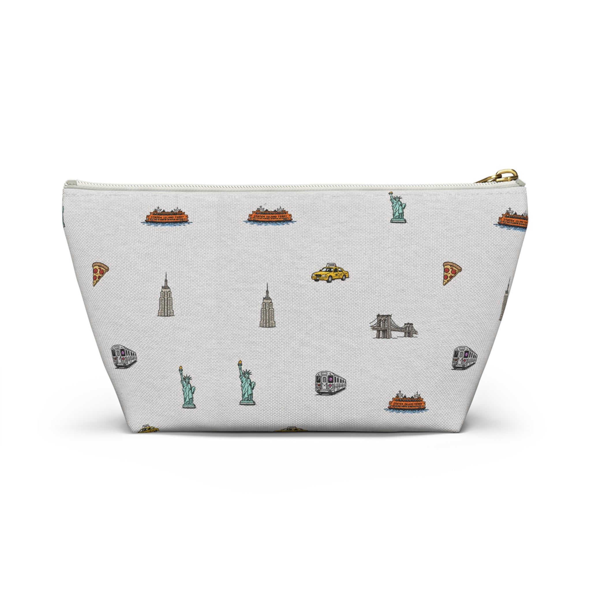 Icons of New York City Heather Gray Accessory Pouch — T-Bottom Makeup Bag with Statue of Liberty, Taxi & Pizza Pattern