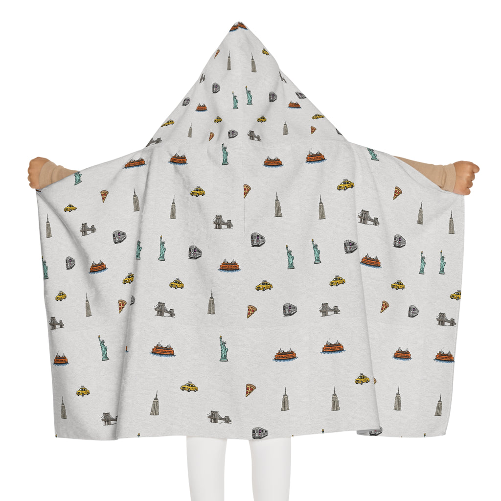 Icons of New York City Heather Gray Hooded Kids Towel — Statue of Liberty, Pizza & Skyline Childrens Towel