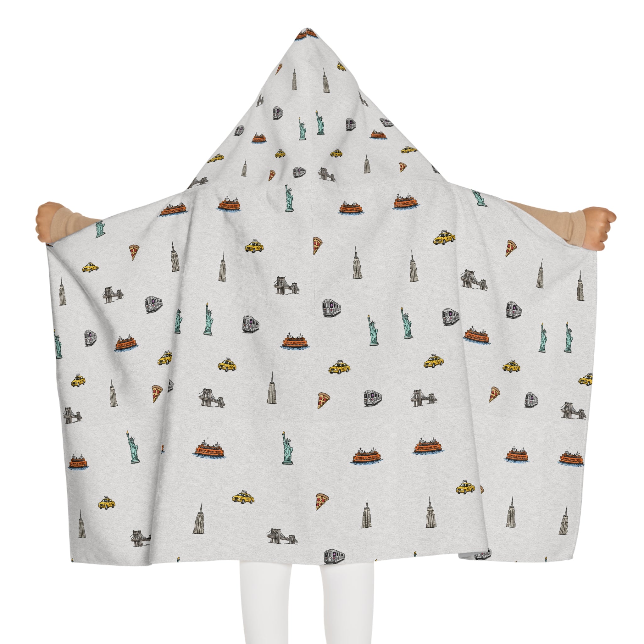 Icons of New York City Heather Gray Hooded Kids Towel — Statue of Liberty, Pizza & Skyline Childrens Towel