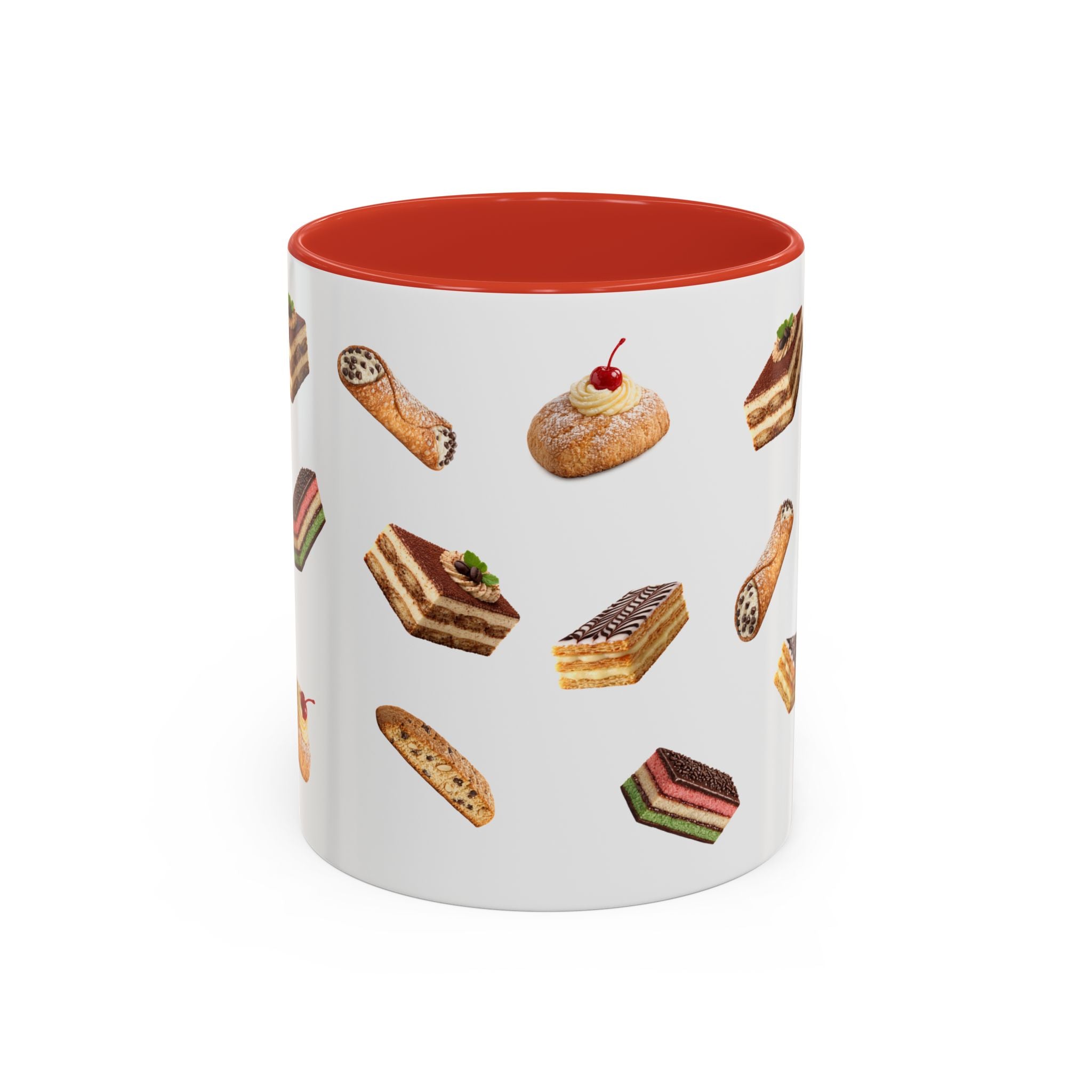 NYC Italian Bakery Pattern Accent Mug | Cannoli Rainbow Cookie Zeppoli Tiramisu Biscotti Napoleon 11oz Ceramic Coffee Cup