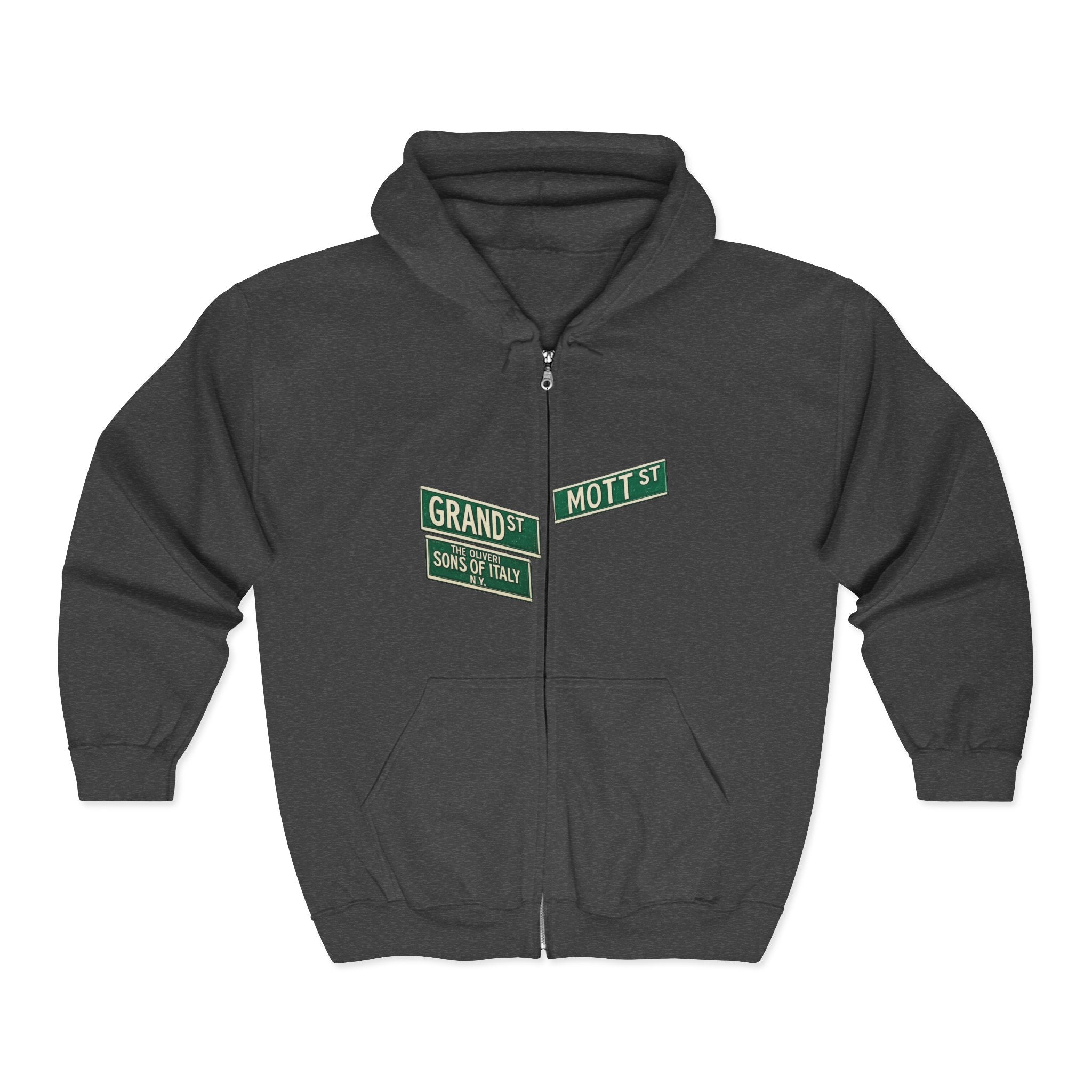 Little Italy Street Sign Zip up Hoodie | New York City Grand and Mott Sons of Italy Hooded Sweatshirt