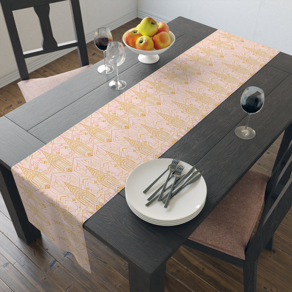 Art Deco Chrysler Building Pale Pink & Gold Table Runner — NYC Elegant Geometric Tabletop Dining Decor