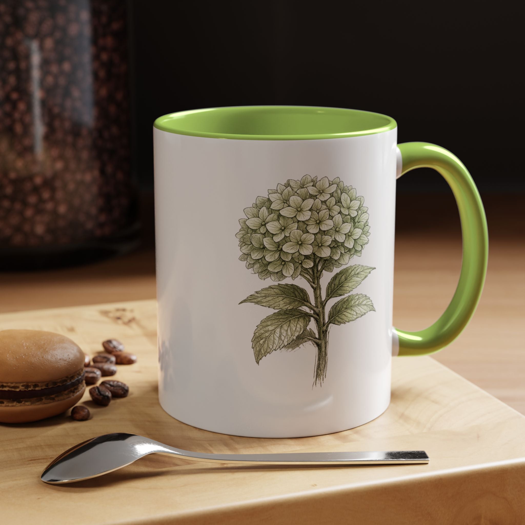 Hamptons Green Hydrangea Accent Coffee Mug – Blue Floral 11 oz