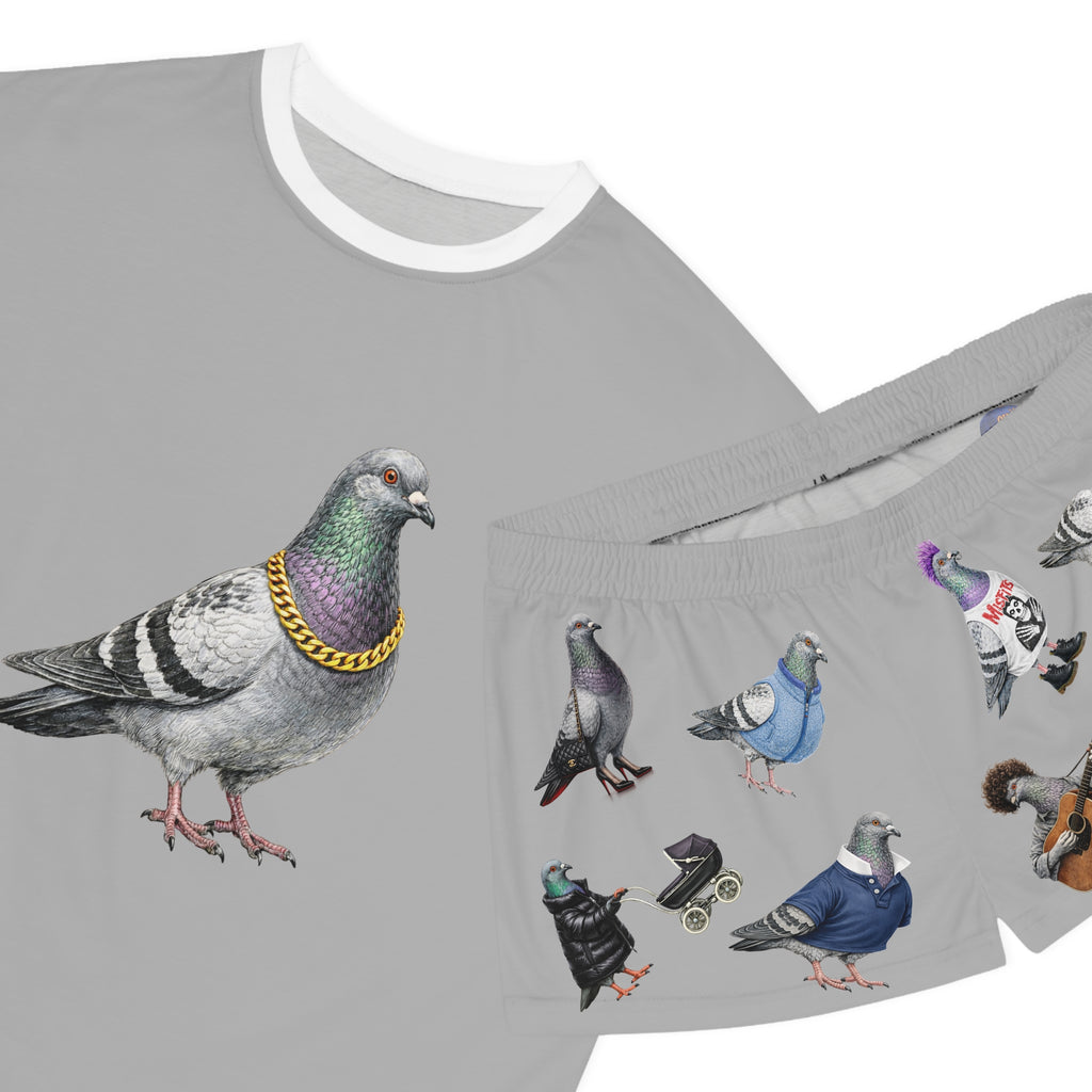Gray NYC Pigeons Pattern Short Pajama Set | New York City Bird Lovers PJs Cozy Sleepwear