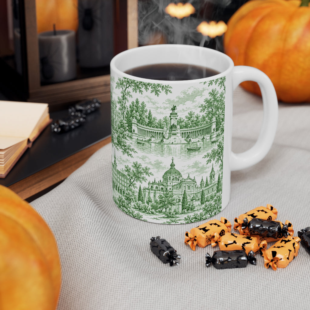 Madrid Green Toile de Jouy Ceramic Mug — (11oz; Ships from Europe)