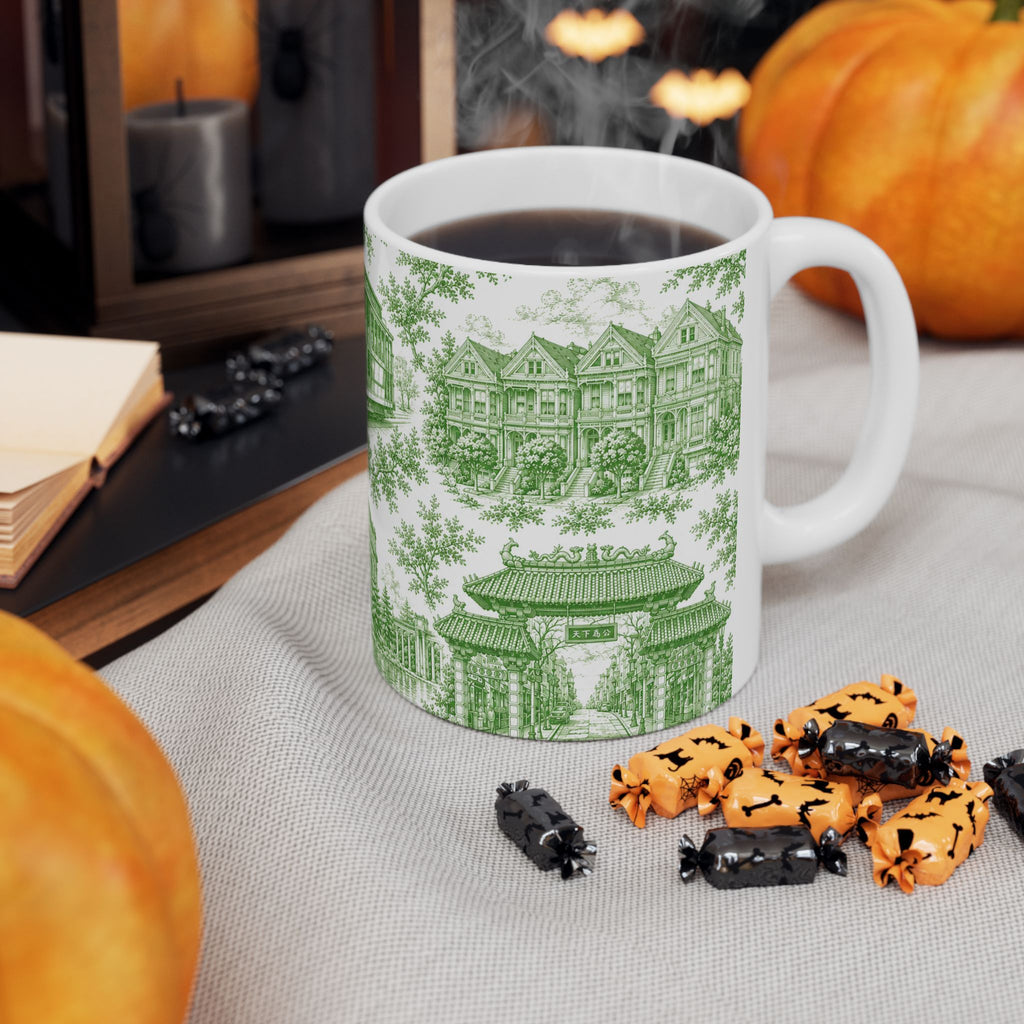 San Francisco Green Toile de Jouy Ceramic Mug — Vintage Cable Car & Palace of Fine Arts Design (11oz)