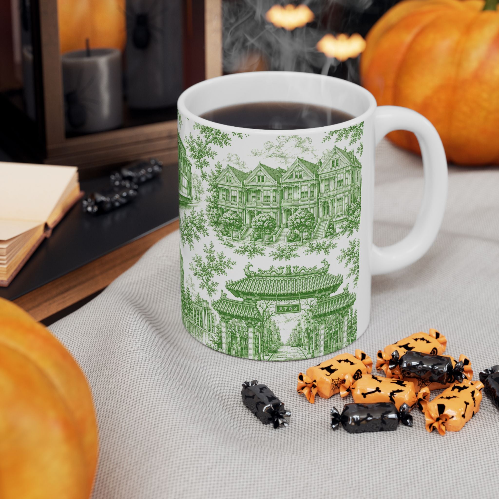 San Francisco Green Toile de Jouy Ceramic Mug — Vintage Cable Car & Palace of Fine Arts Design (11oz)