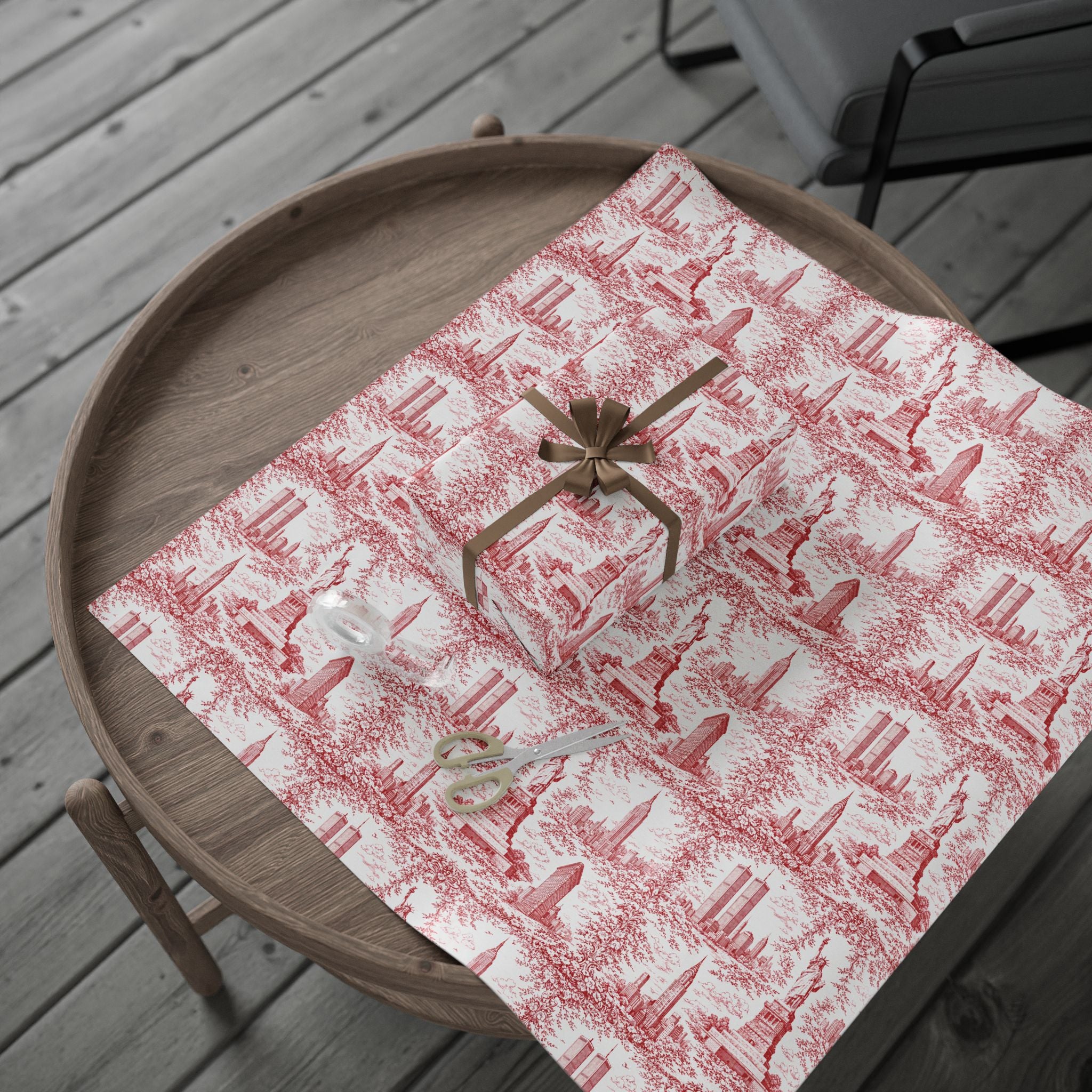 Manhattan NYC Red Toile Gift Wrapping Papers   Chinoiserie Old New York City Gift Wrap Empire State Building Twin Towers Statue of Liberty