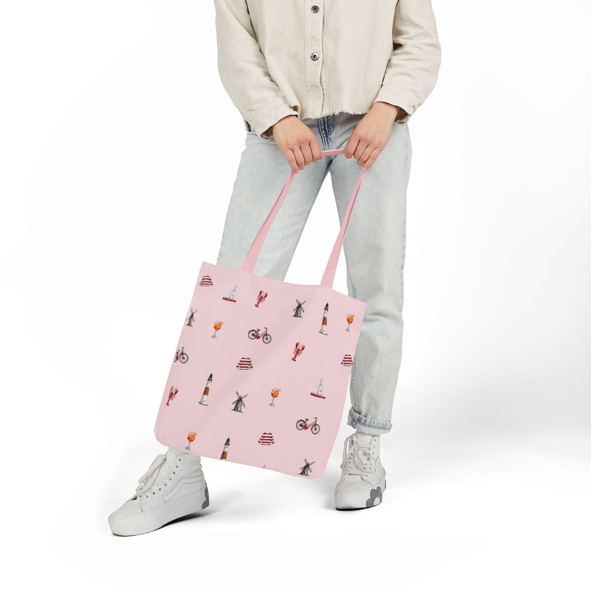 Icons of The Hamptons Pink Canvas Tote — Lighthouse, Windmill, Lobster Sailboat Icons