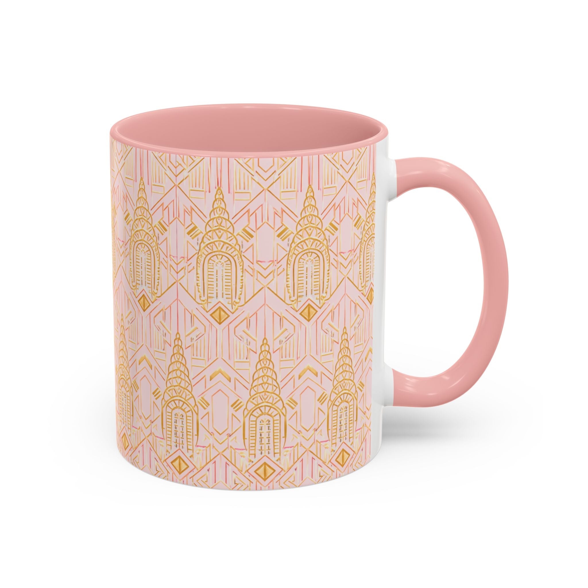Art Deco Chrysler Building Pink & Gold Accent Coffee Mug — Manhattan Art Deco Pattern Mug 11 oz