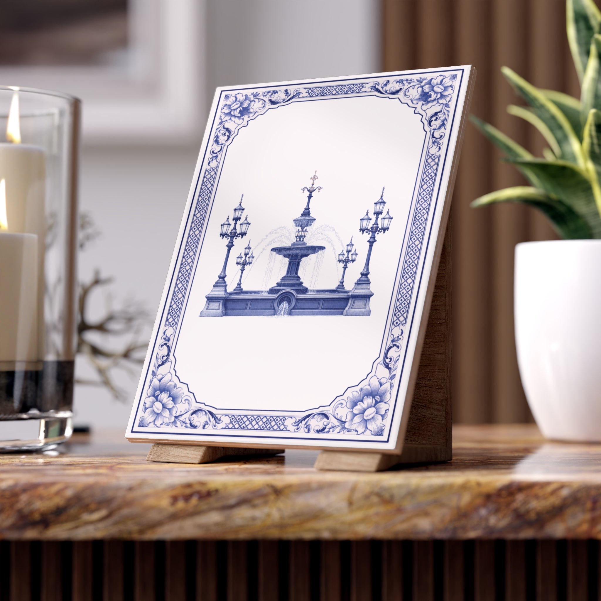 City Hall Park Jacob Wrey Mould Fountain Blue and White Azulejos-style Ceramic Shower Tile 6" x 8"