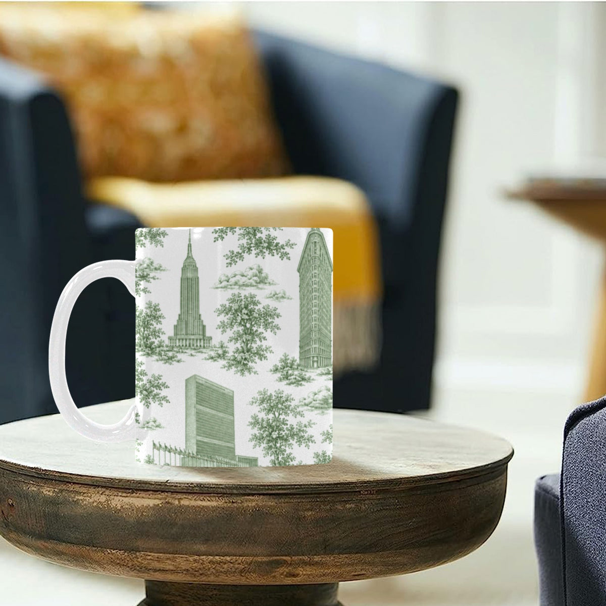 Manhattan Green Toile de Jouy Mug with One World Trade | New York City Chinoiserie Ceramic Mug Custom White Mug (11oz)