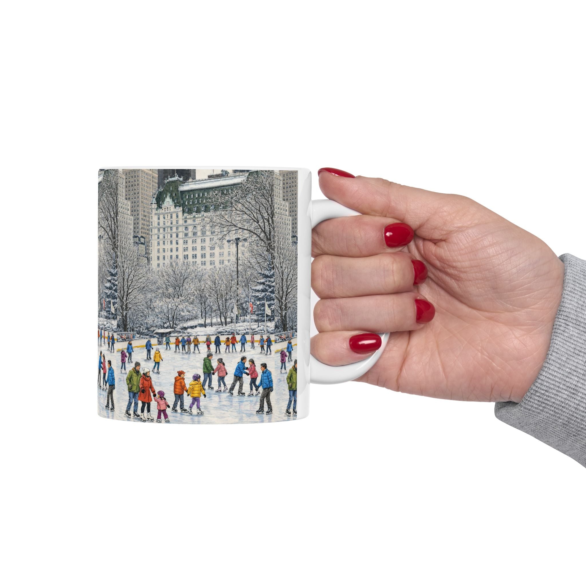 Central Park Wollman Rink Ice Skating Scene Mug | NYC The Plaza Winter Ceramic Coffee Cup