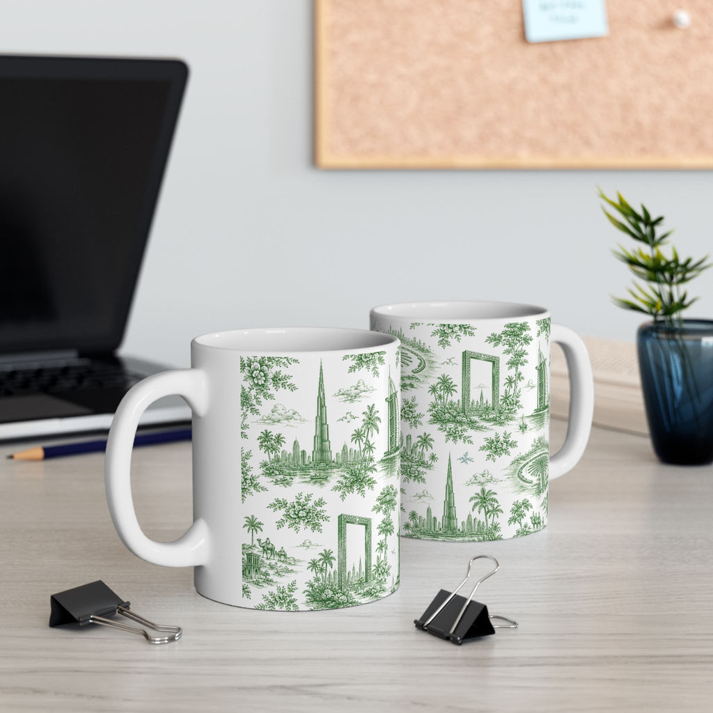 Dubai Green Toile de Jouy Ceramic Mug — Ceramic 11oz Coffee Cup