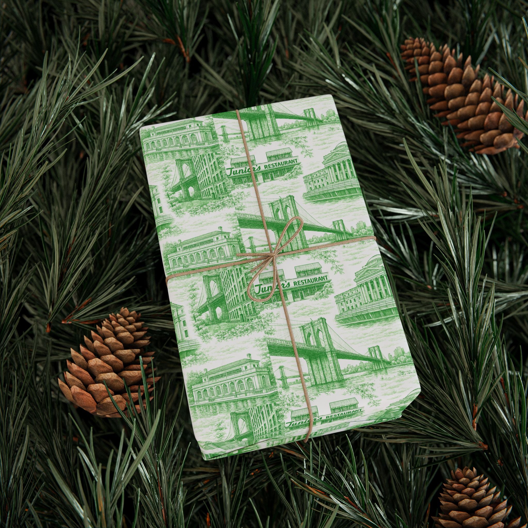 Brooklyn NYC Green Toile Gift Wrapping Papers   Chinoiserie New York City Gift Wrap Brooklyn Bridge Prospect Park Junior's DUMBO Museum