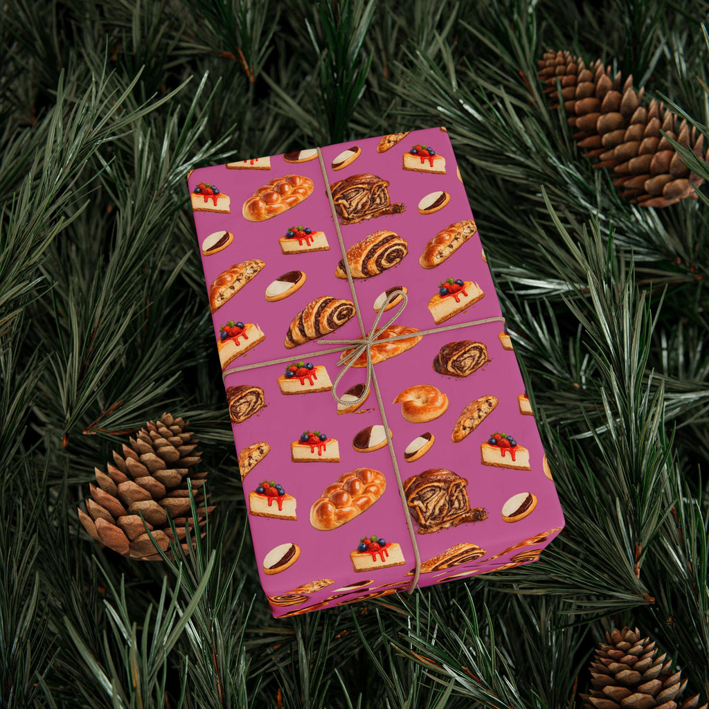 Kosher Bakery Pastries Pattern Pink Gift Wrap Paper | Bagels Challah Cheesecake Roll Gift Wrapping Paper
