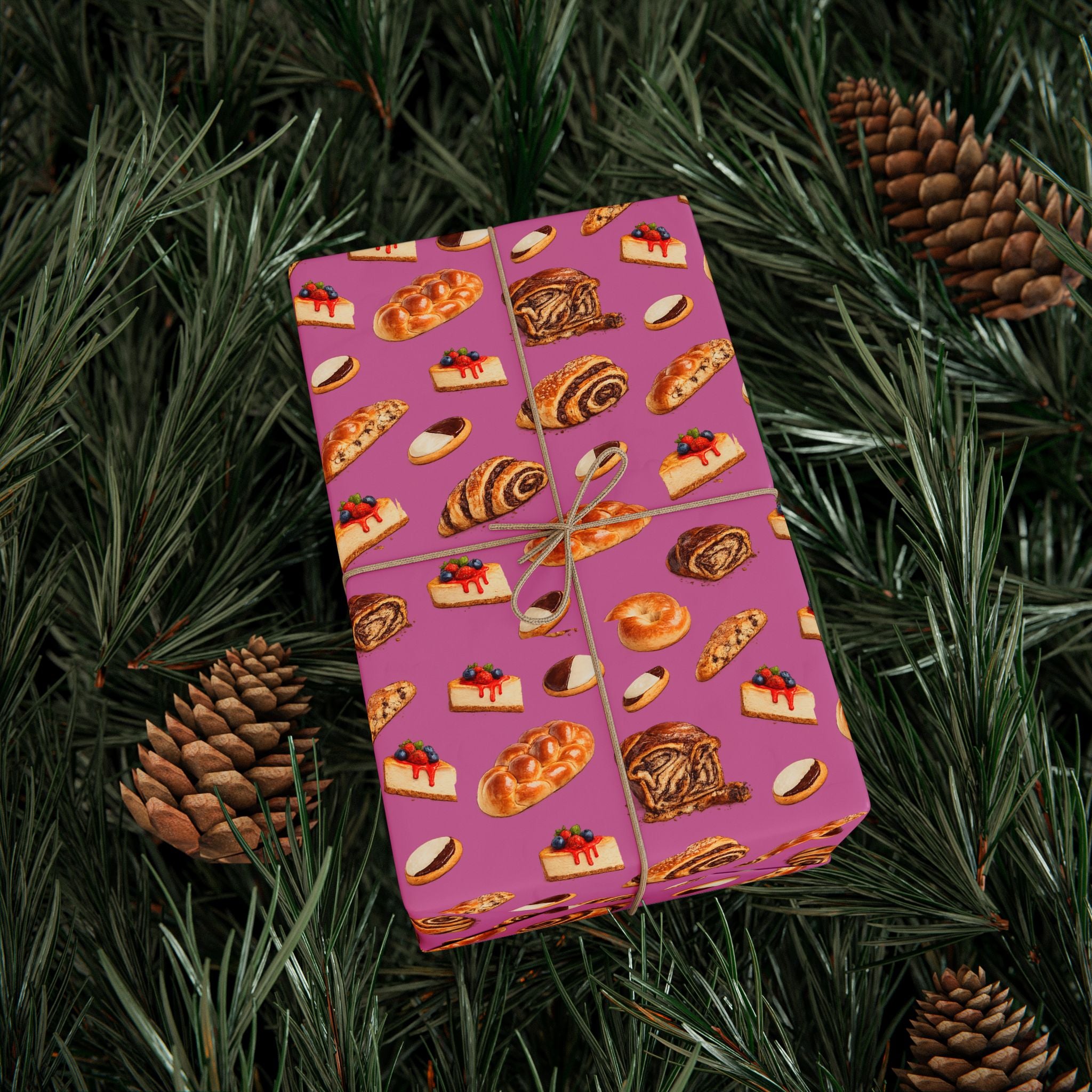 Kosher Bakery Pastries Pattern Pink Gift Wrap Paper | Bagels Challah Cheesecake Roll Gift Wrapping Paper