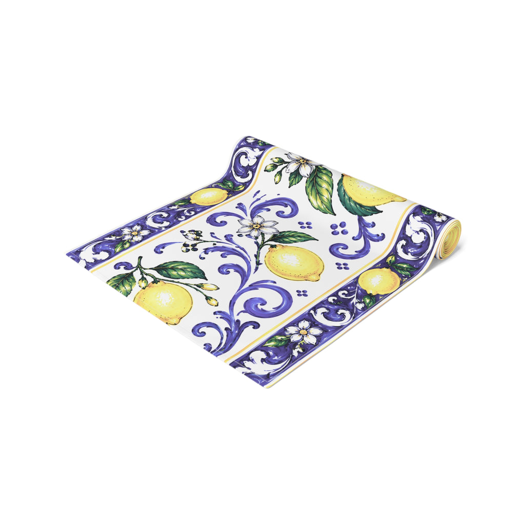 Chemin de table Little Italy Amalfi bleu et blanc avec citrons – Décor de table méditerranéen bleu et jaune