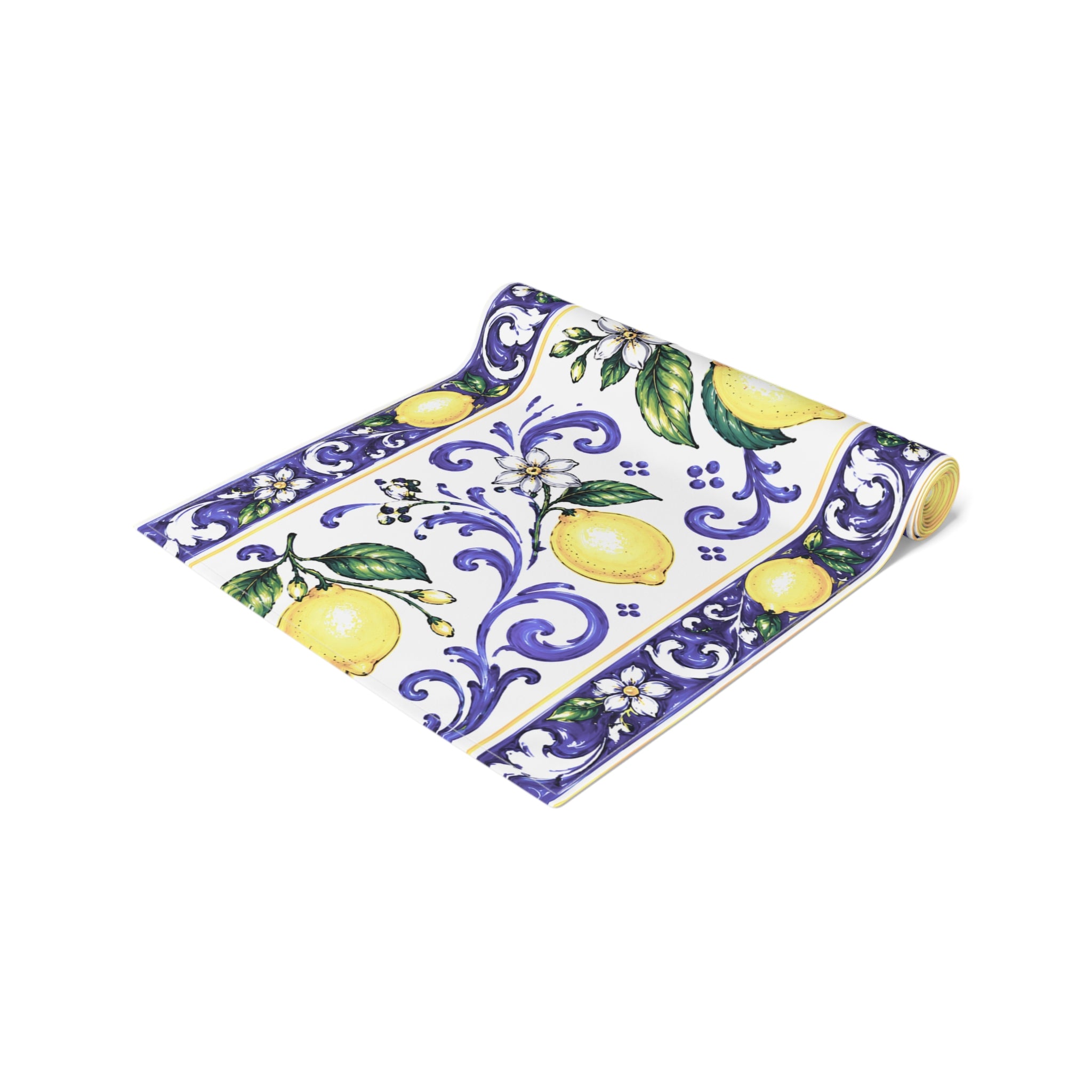 Little Italy Amalfi Blue and White with Lemon Table Runner – Mediterranean Blue & Yellow Dining Decor