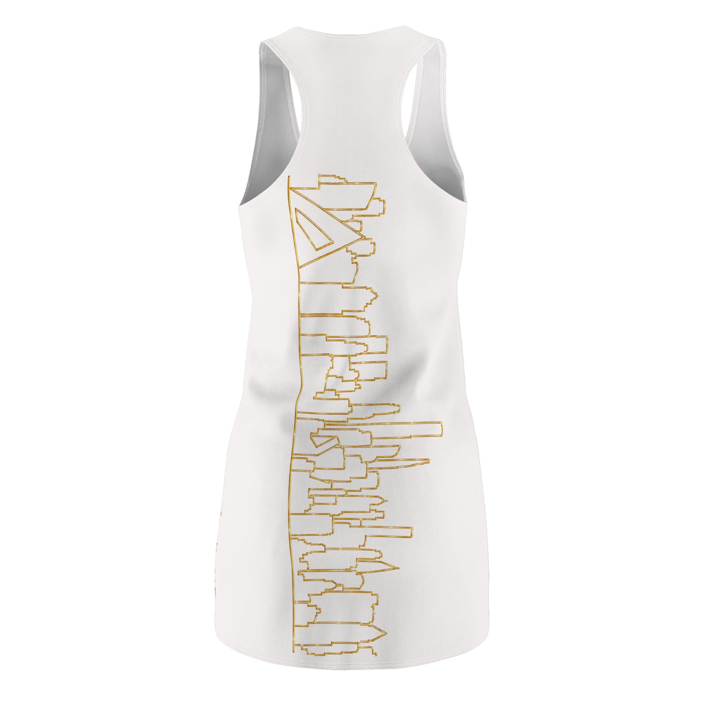 Manhattan Gold Skyline on White Racerback Dress — View from Queens and New Jersey Swim Cover