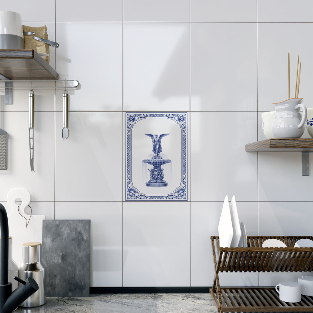 Central Park Bethesda Fountain Blue and White Azulejos-style Ceramic Shower  Tile