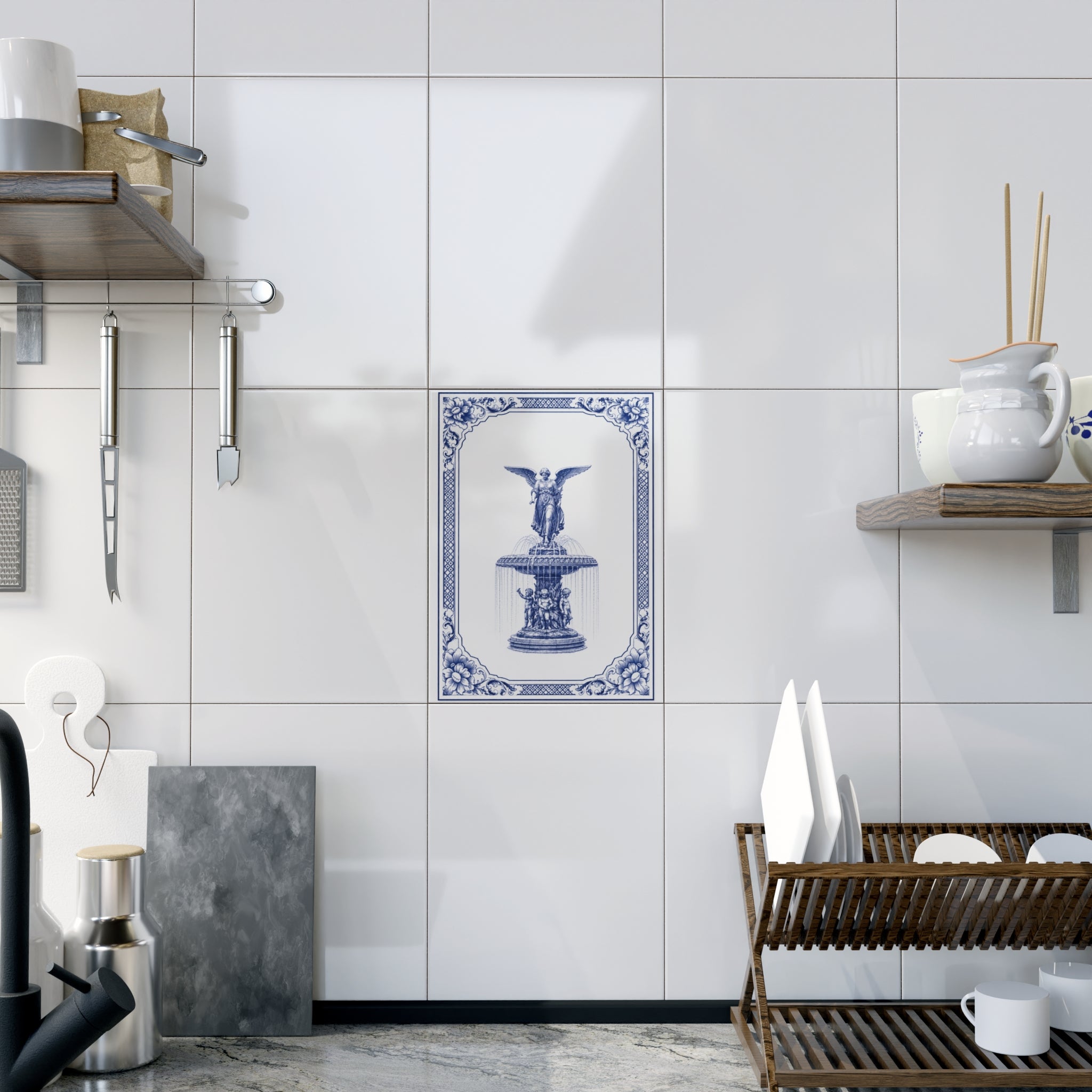 Central Park Bethesda Fountain Blue and White Azulejos-style Ceramic Shower  Tile