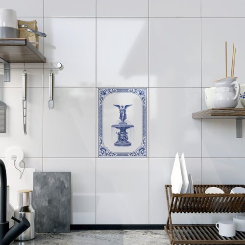Central Park Bethesda Fountain Blue and White Azulejos-style Ceramic Shower  Tile