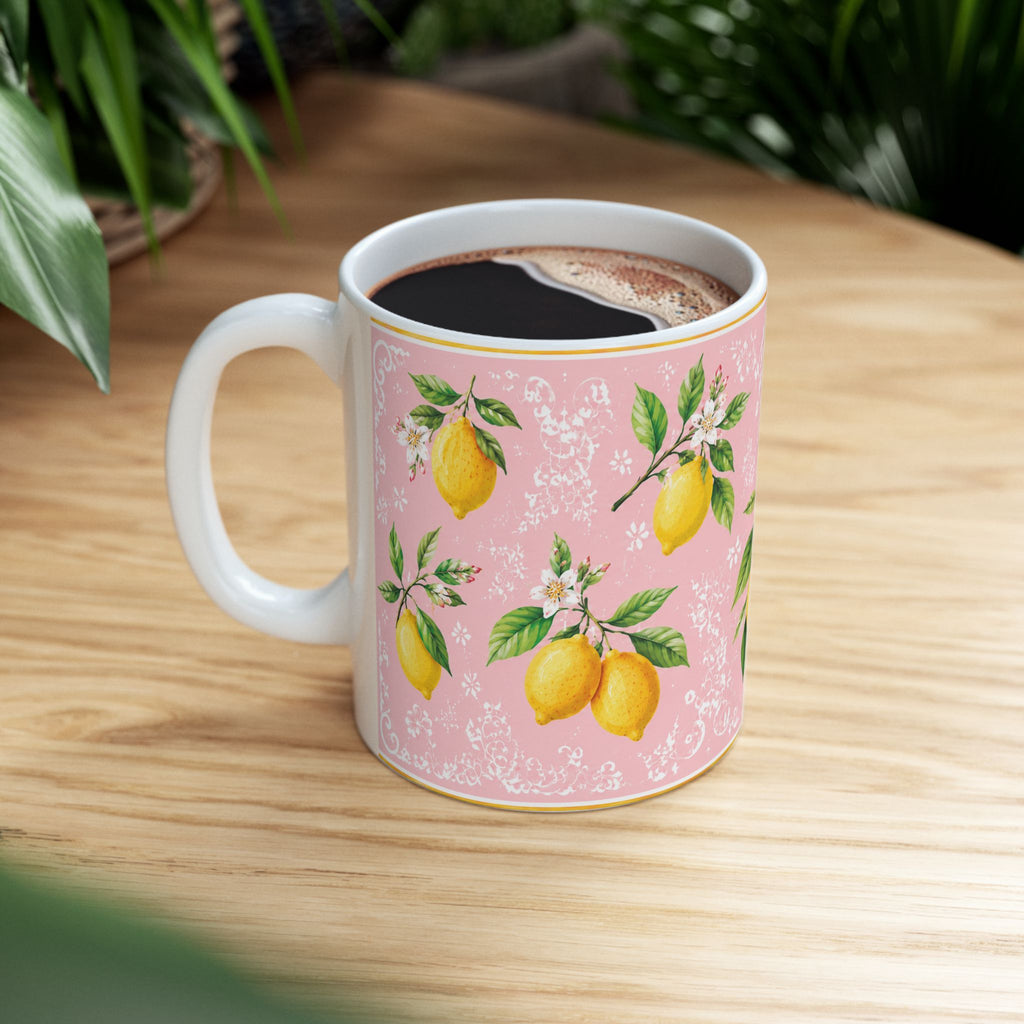 Little Italy Amalfi Pink with Lemon Mug 2 — Italian Mediterranean Pattern Coffee Cup (11oz)