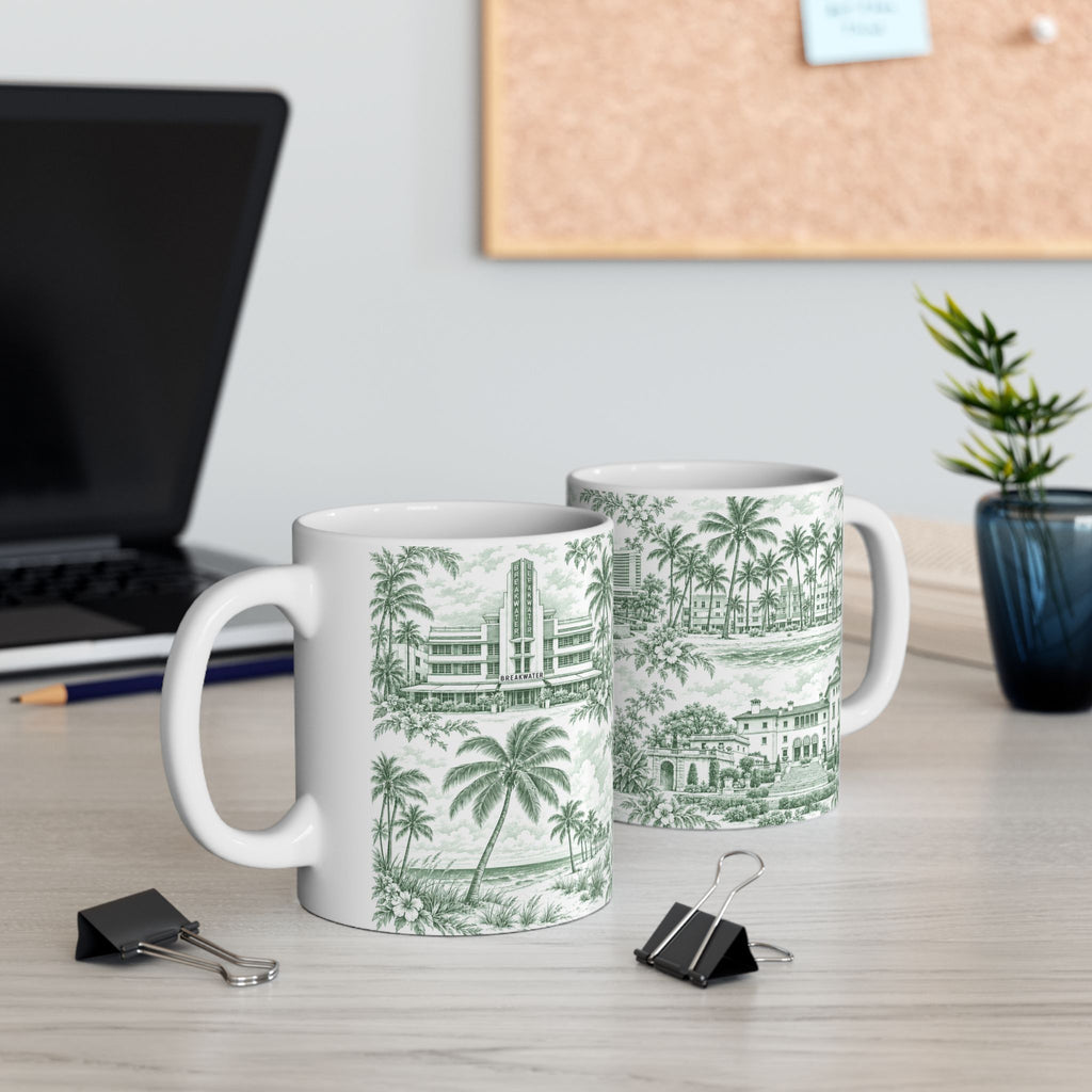 Miami Green Toile de Jouy Ceramic Mug — Vintage Palm Florida Chinoiserie 11oz