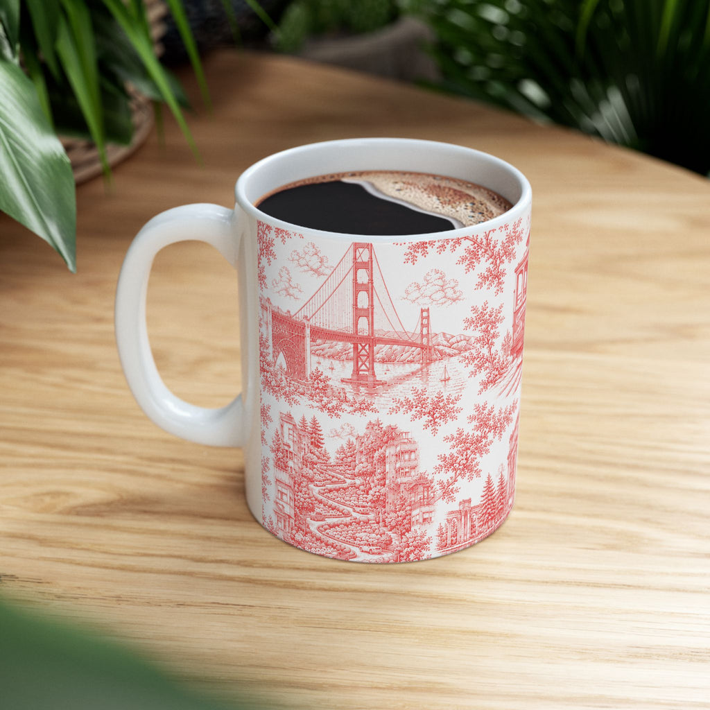 San Francisco RedToile de Jouy Ceramic Mug — Vintage Cable Car & Palace of Fine Arts Design (11oz)