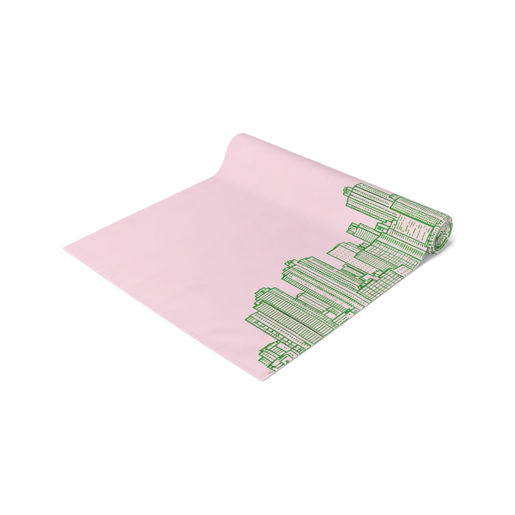 Pink & Green New York City Skyline Table Runner — NYC Manhattan Skyline Dining Table Decor