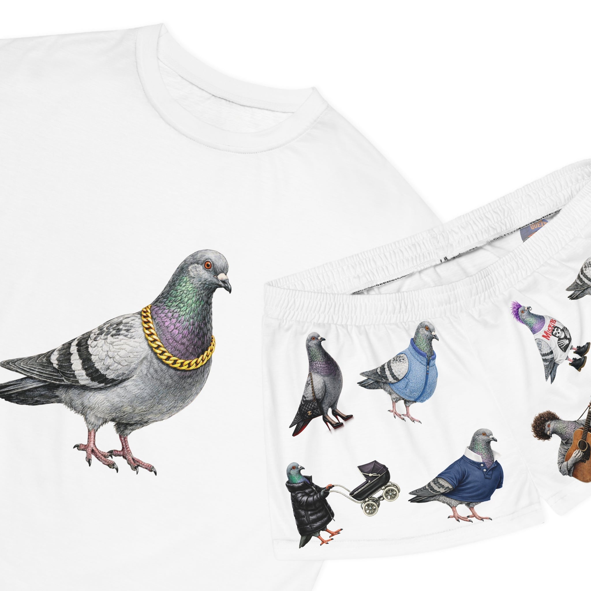 White NYC Pigeons Pattern Short Pajama Set | New York City Bird Lovers PJs Cozy Sleepwear