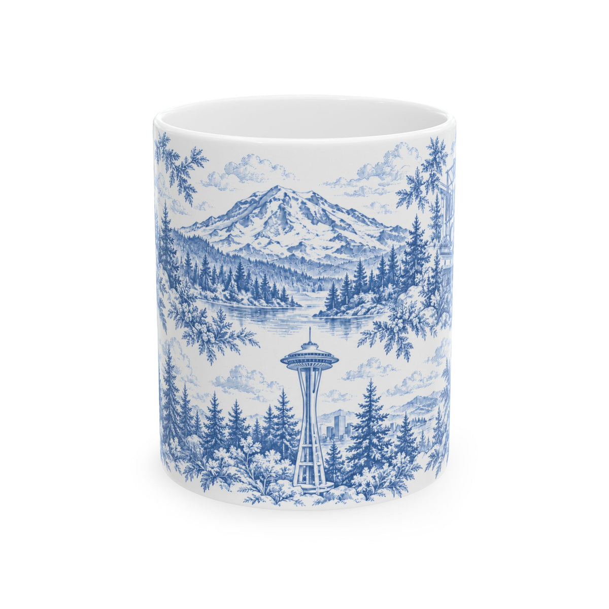 Seattle Blue Toile de Jouy Ceramic Mug — Seattle, Washington and Surroundings Scenic Coffee Cup (11oz)