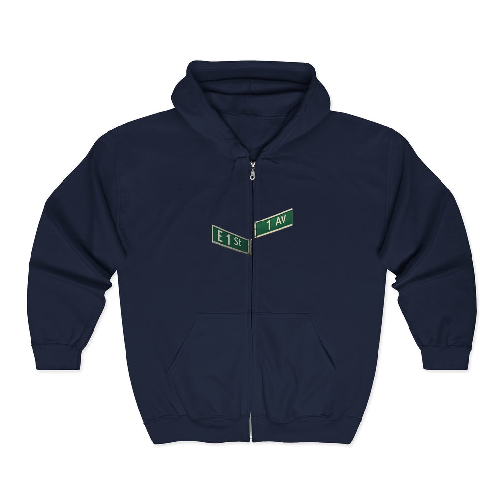 East Village 1st Avenue and East 1st Street Sign Zip Up Hoodie | New York City Nexus of the Universe Hooded Sweatshirt